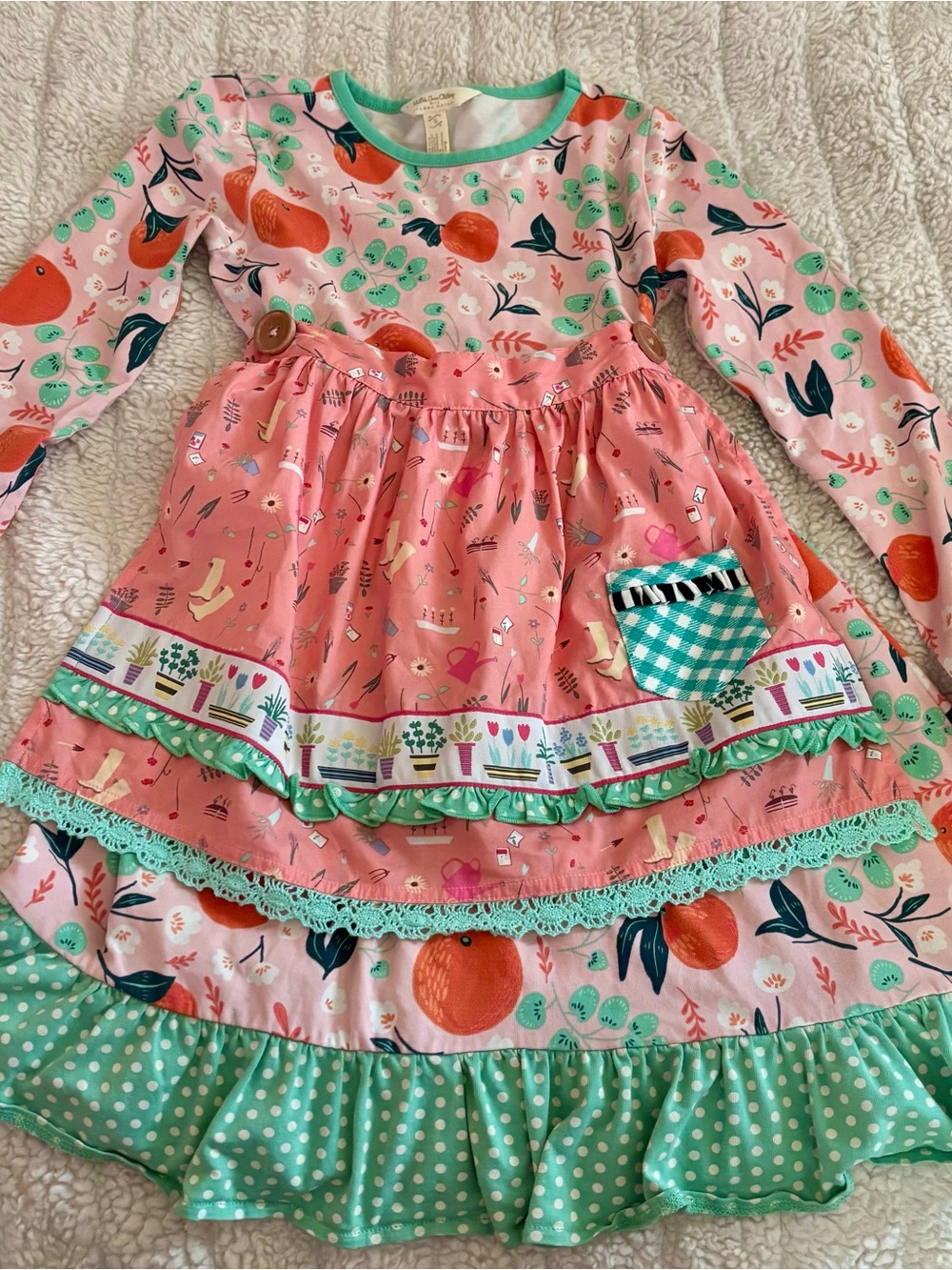 Matilda Jane w/ Joanna Gaines Peach Coral Green Garden Print Dress w/ Apron